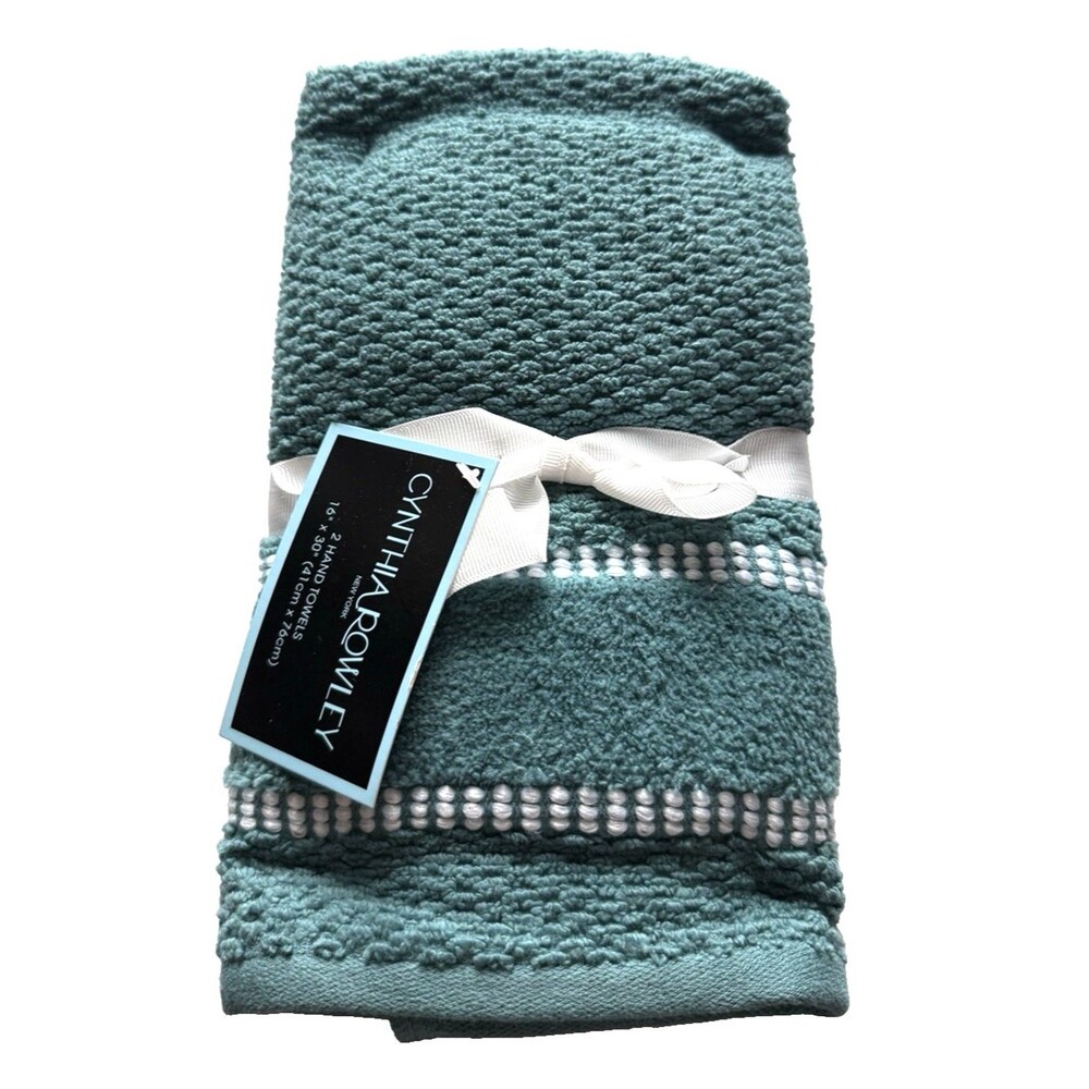 Cynthia Rowley Hand Towels Blue Green Cotton 16x30" Set of 2 White Striped